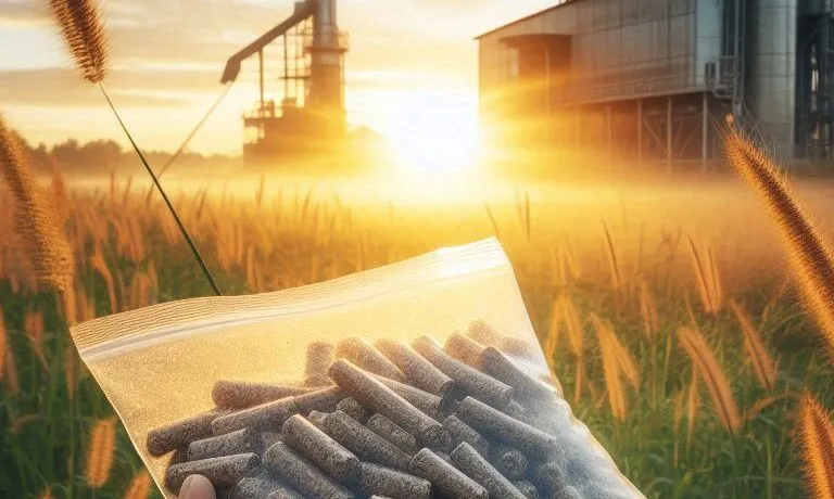 How does the Napier Grass Feeding System and Press Roll (Dewatering) Technology improve biomass pellet production efficiency?
